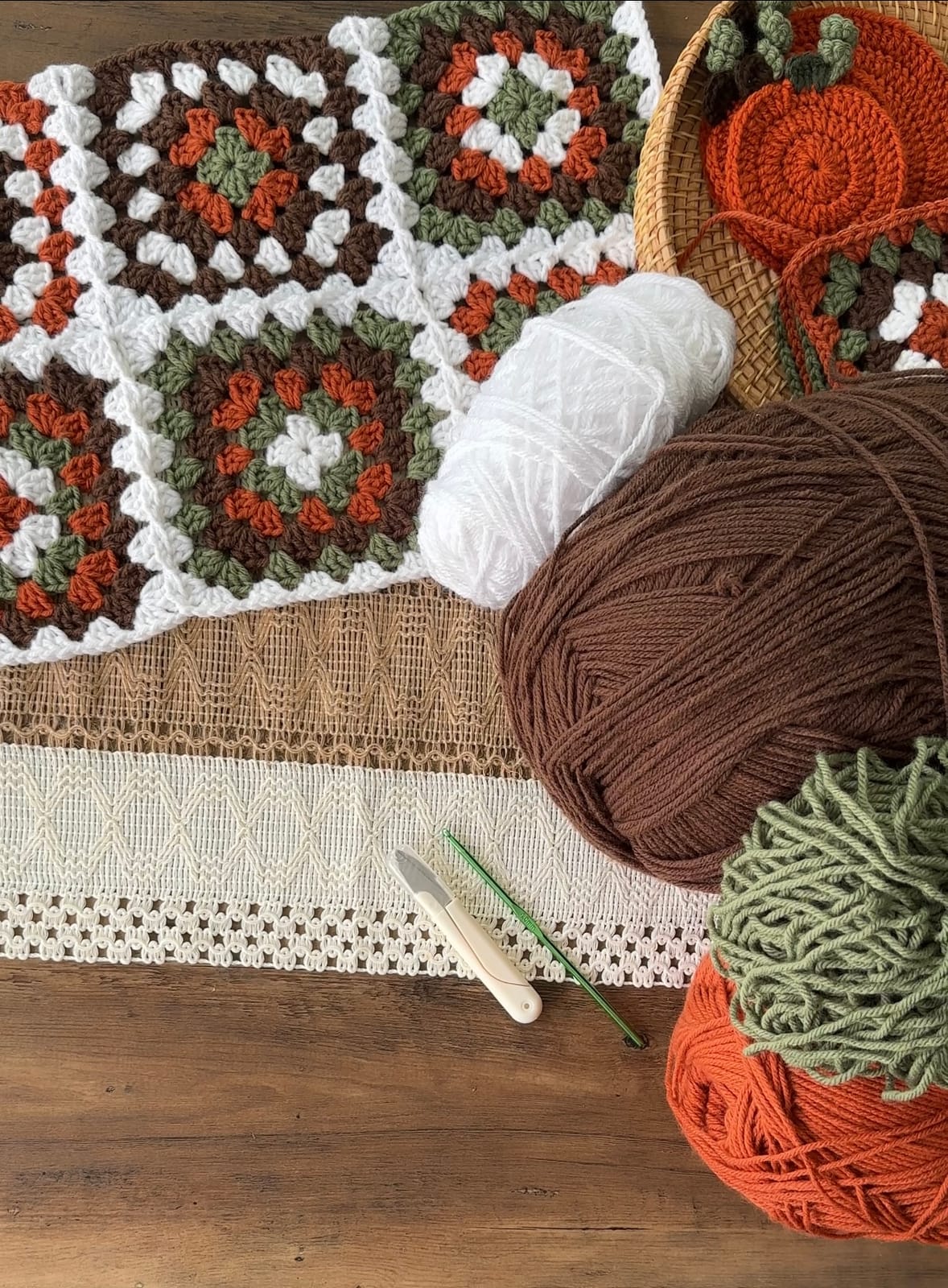 Crochet in progress, soft yarn and a hook on a cozy work surface